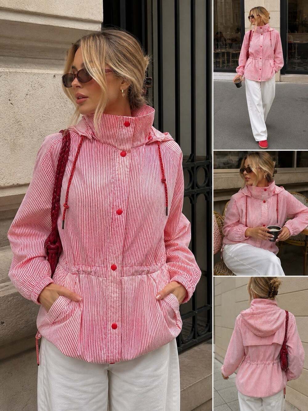 Columbia Striped Hooded Windbreaker Jacket Red White Lightweight Women Spring M